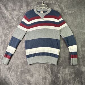 Mossimo Supply Co Mens Small Striped Crewneck Sweater Cotton Burgundy Blue Y2K